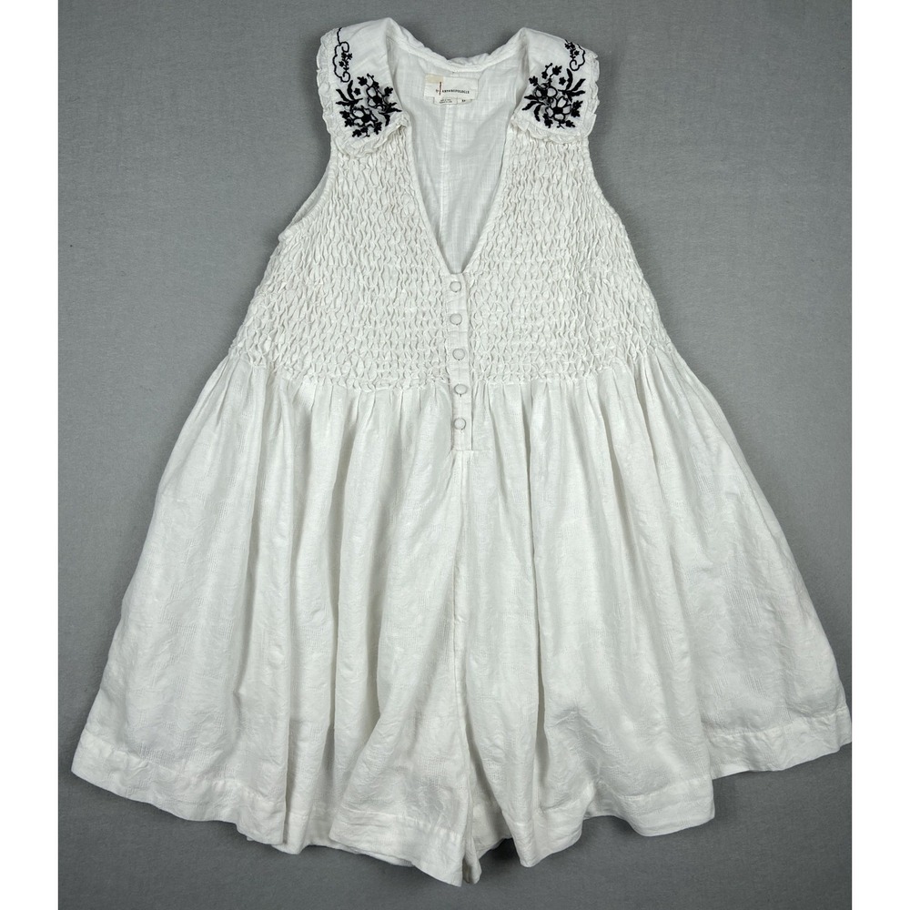 Anthropologie Smocked Embroidered Floral Peter Pan Collar White Cotton Romper XS